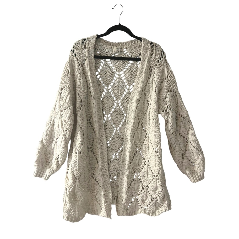 UMGEE Womens Chunky Knit Cream Cardigan Sweater Boho Lagan Look Diamonds Sz M
